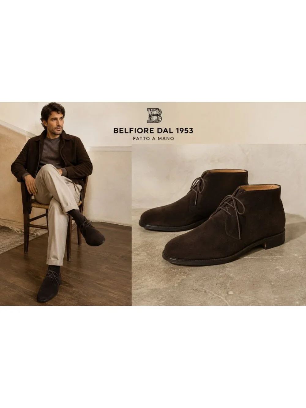 Belfiore dal 1953 Men’s Suede Chukka Boots Dainite Fatto a Mano US 9.5